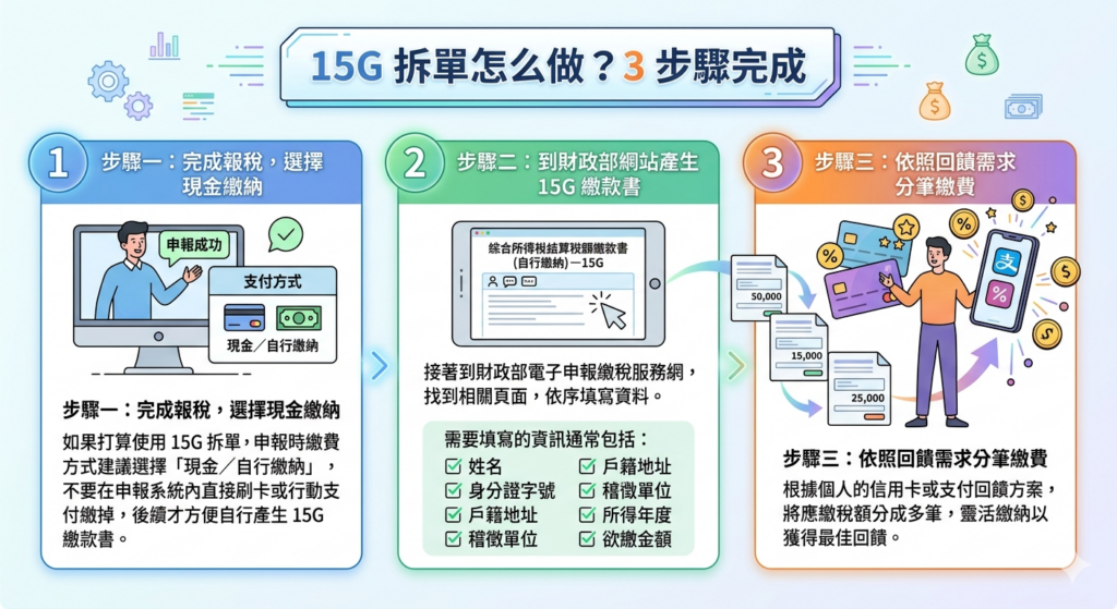 15G 拆單 3 步驟流程圖 (圖片為 AI 生成示意圖)